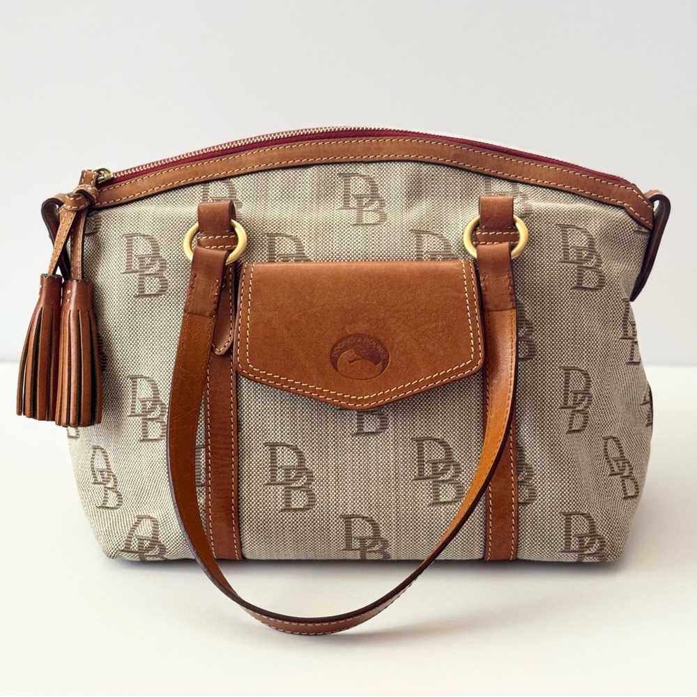 Dooney & Bourke DB Signature Canvas Satchel Brown Leather Tassel Red Lining